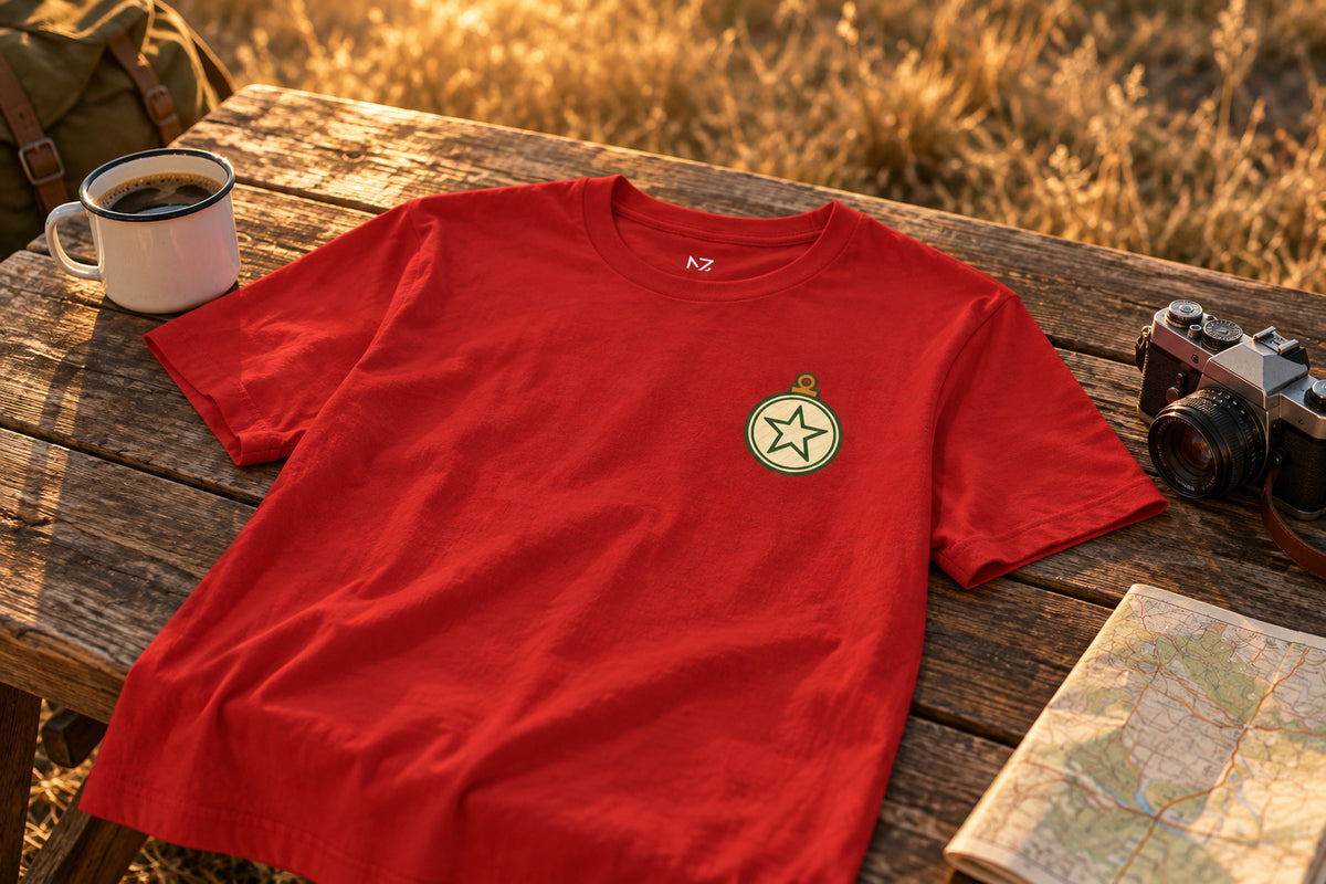 Christmas Ornament Tee - Red on a rustic wooden table | MR7ART