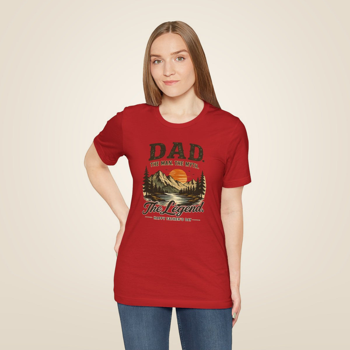 Dad The Man The Myth The Legend Shirt, Funny Fathers Day Shirt, Matching Dad Son Shirt, Outdoor Mountain Graphic Tee, Gift for Dad - Red worn by a model | MR7ART