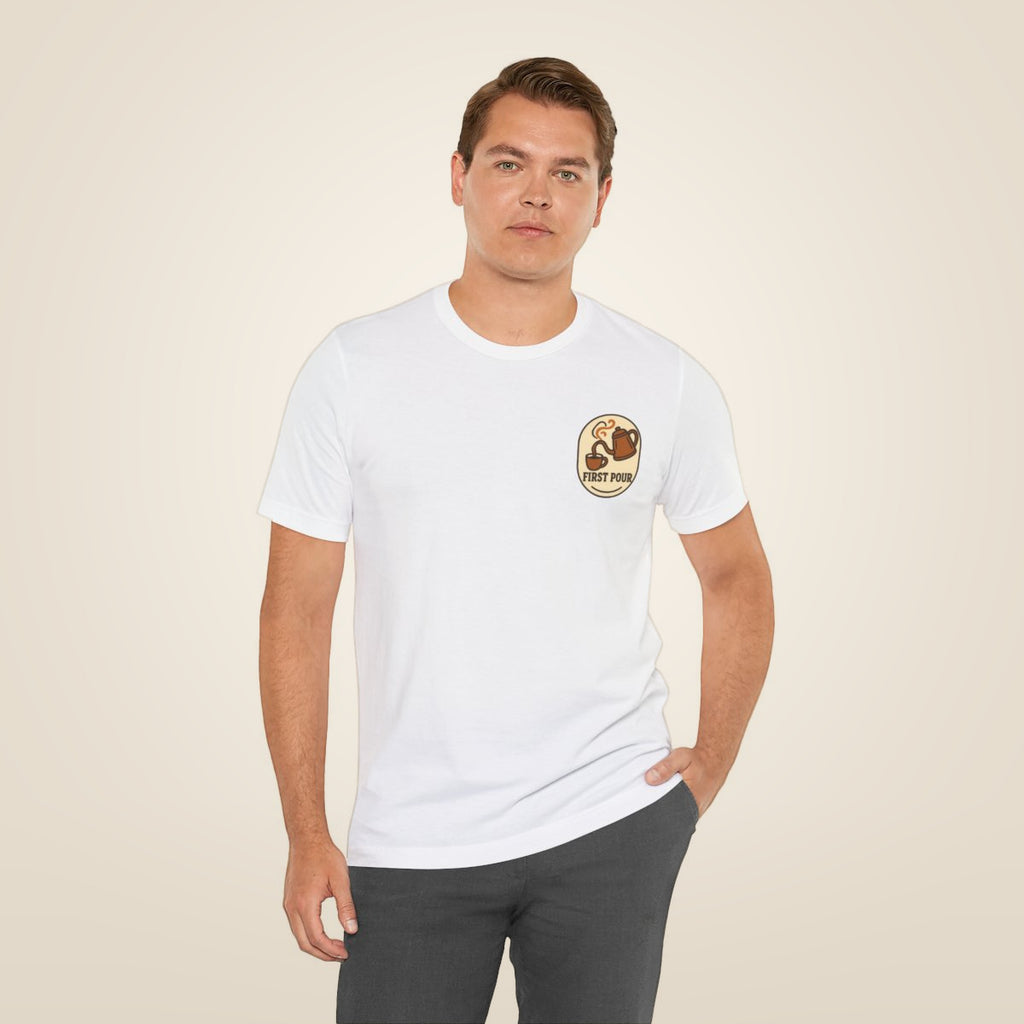 Pour Over Coffee Tee - White worn by a model | MR7ART