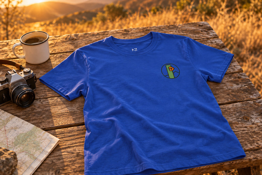 Hiking Tee - True Royal on a rustic wooden table | MR7ART