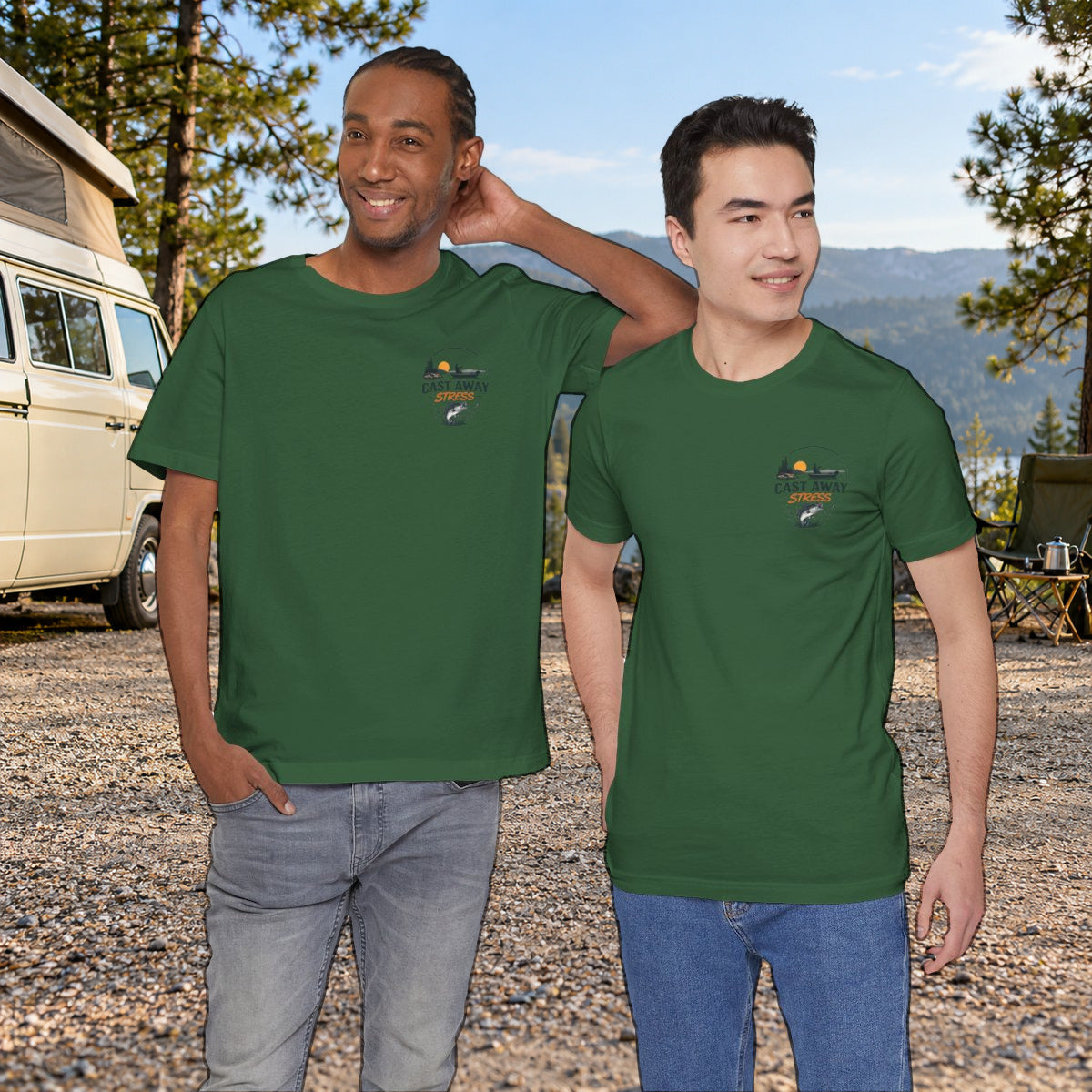 Fishing T-Shirt - "Cast Away" Graphic Tee with Sunset & Bass - Evergreen worn by a model | MR7ART