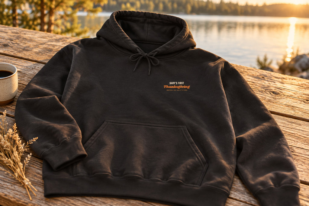 Baby's First Thanksgiving Hoodie - Charcoal on a rustic wooden table | MR7ART