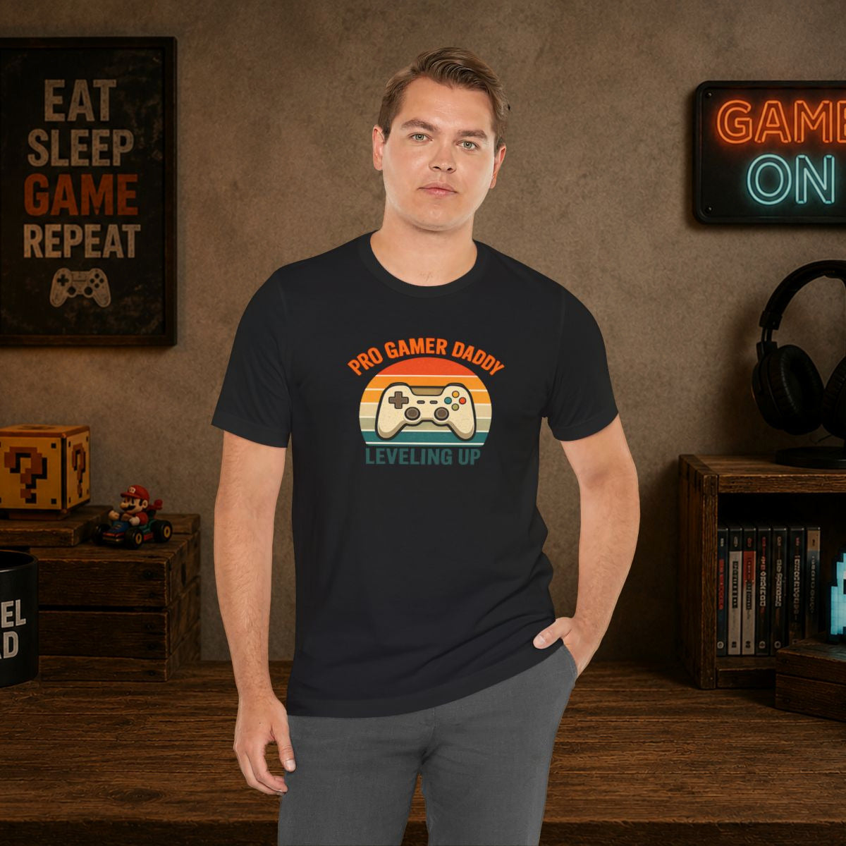 Pro Gamer Daddy Leveling Up T-Shirt - Black worn by a model | MR7ART