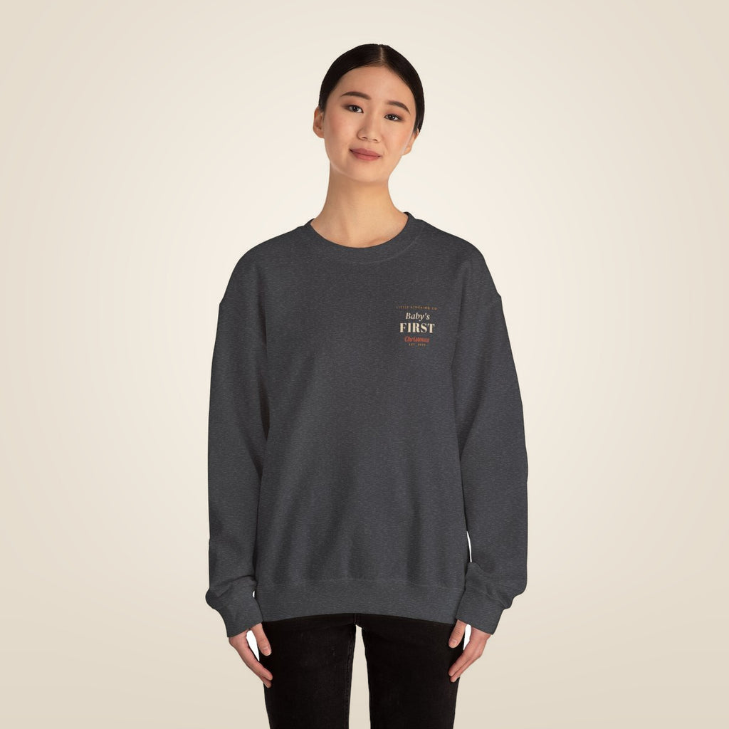 Baby's First Christmas Sweatshirt - Dark Heather worn by a model | MR7ART