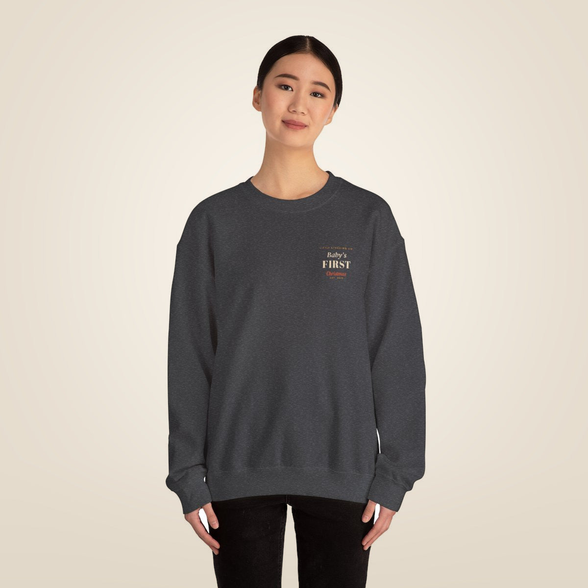 Baby's First Christmas Sweatshirt - Dark Heather worn by a model | MR7ART