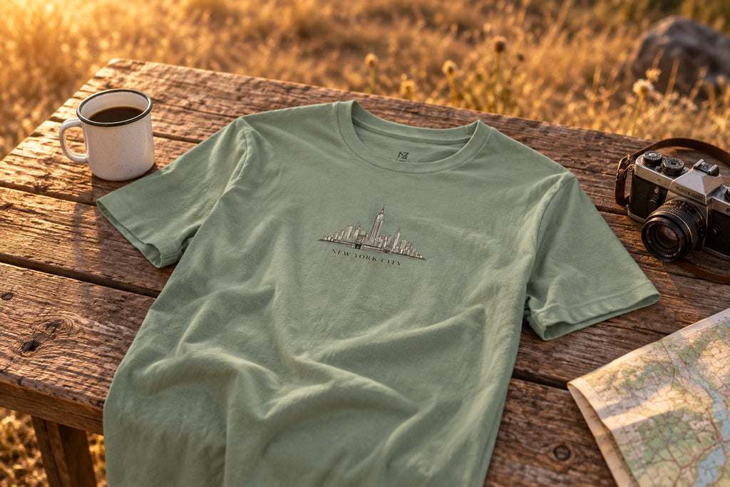 New York City skyline tee - Sage on a rustic wooden table | MR7ART