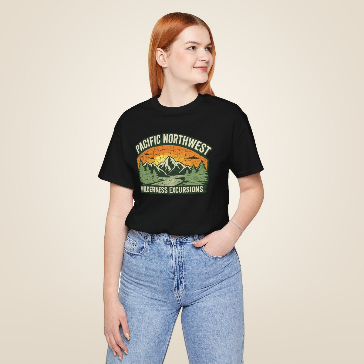 Pacific Northwest Wilderness Excursions T-Shirt - Black worn by a model | MR7ART