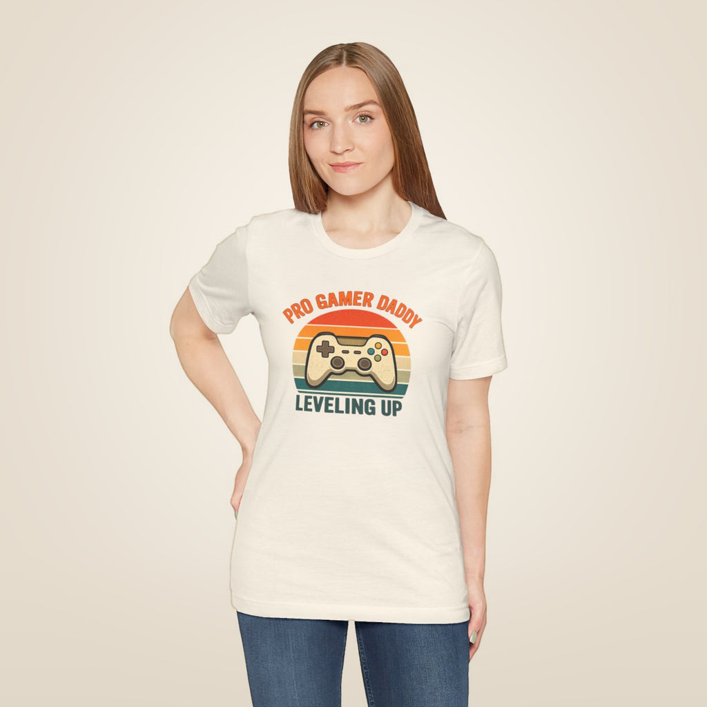 Pro Gamer Daddy Leveling Up T-Shirt - Natural worn by a model | MR7ART