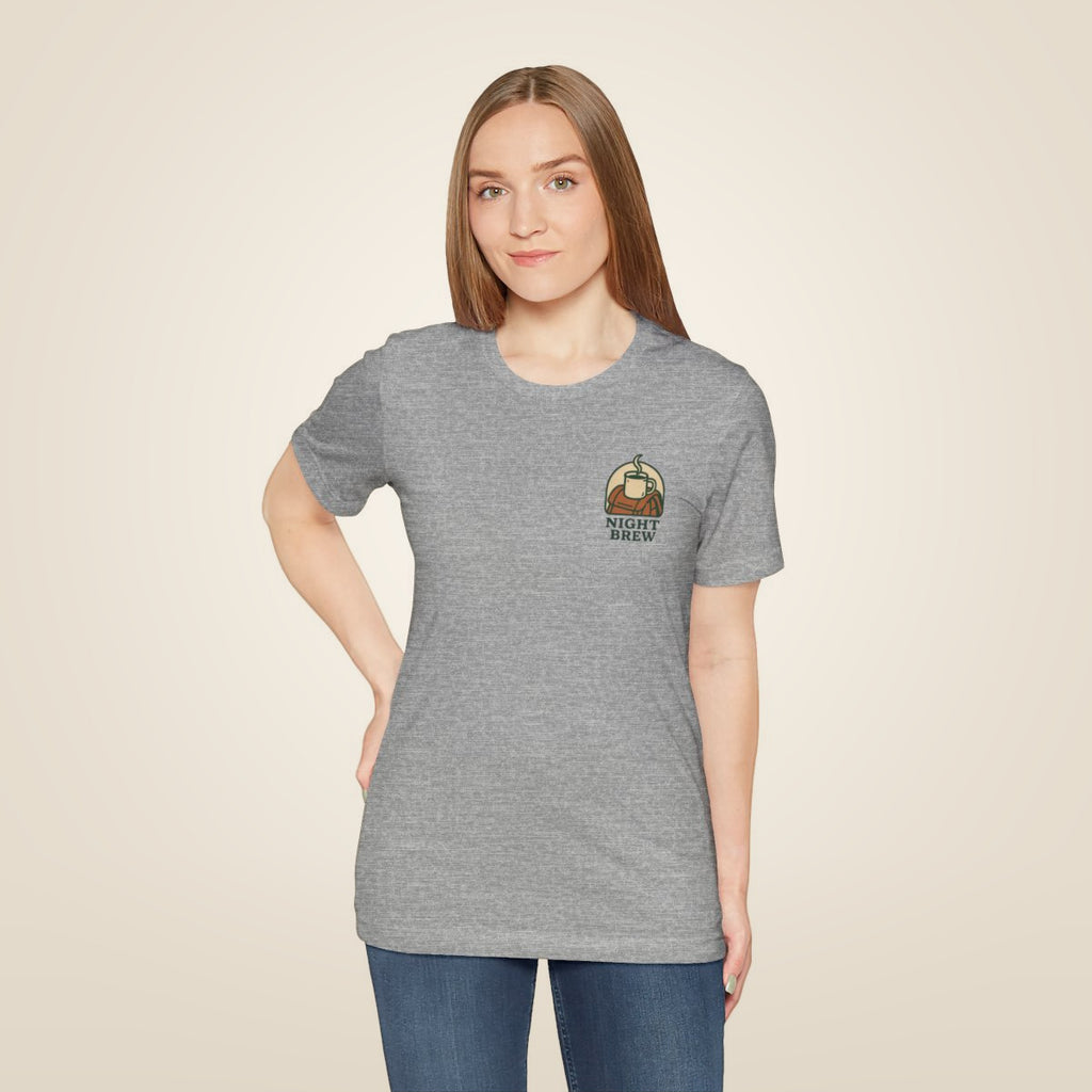 Camping Coffee Tee - Athletic Heather worn by a model | MR7ART