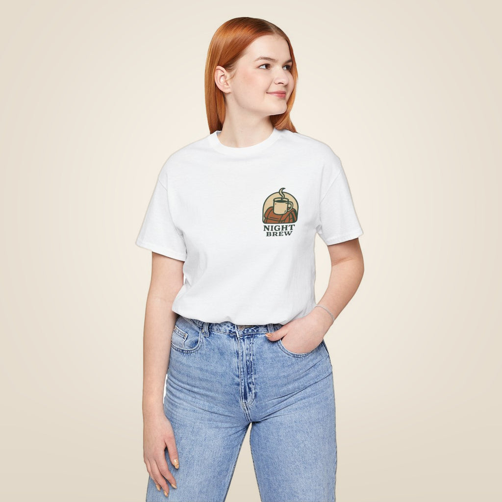 Camping Coffee Tee - White worn by a model | MR7ART