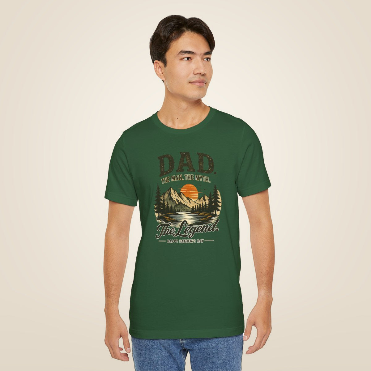 Dad The Man The Myth The Legend Shirt, Funny Fathers Day Shirt, Matching Dad Son Shirt, Outdoor Mountain Graphic Tee, Gift for Dad - Evergreen worn by a model | MR7ART