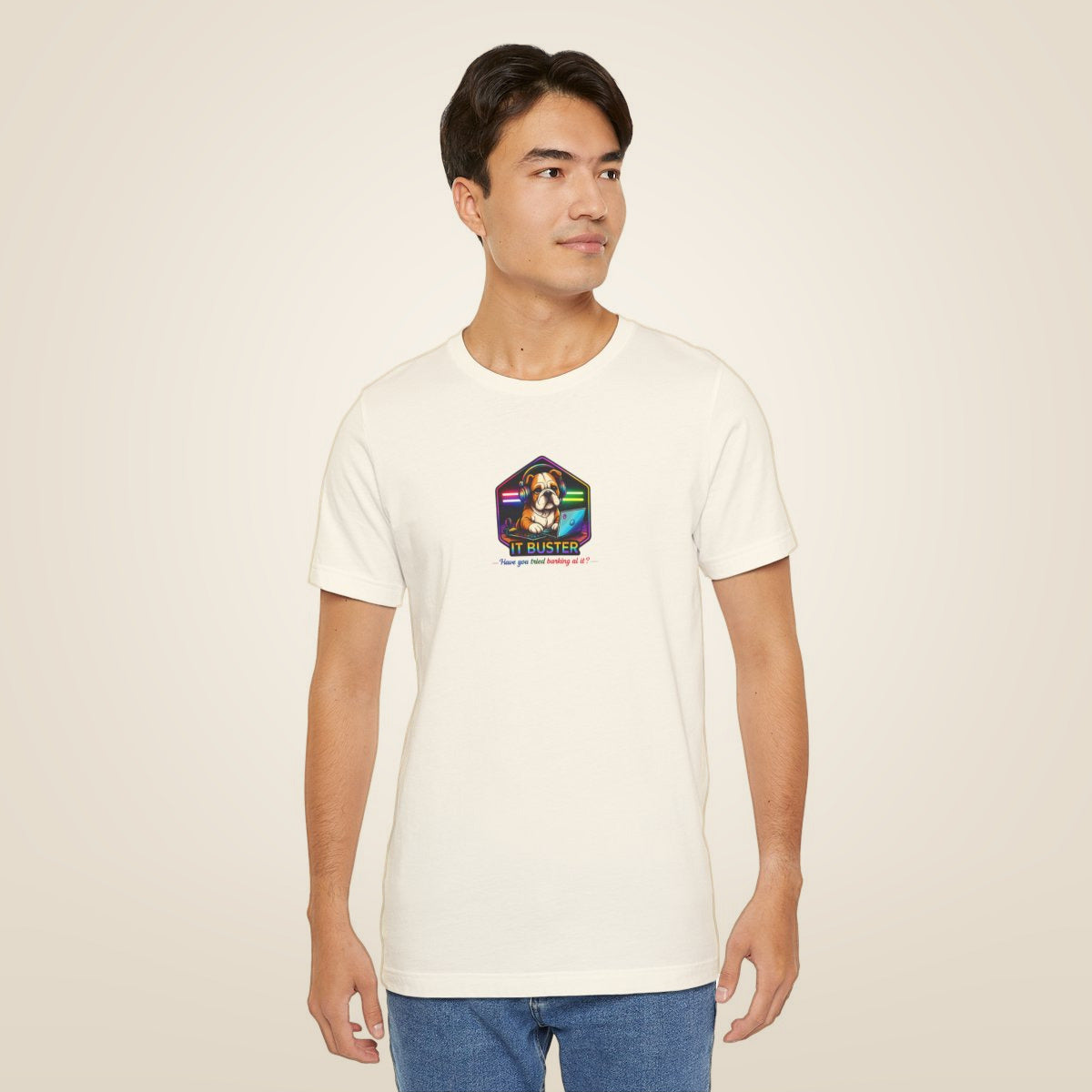 Retro Rainbow Dog Badge T-Shirt - Natural worn by a model | MR7ART