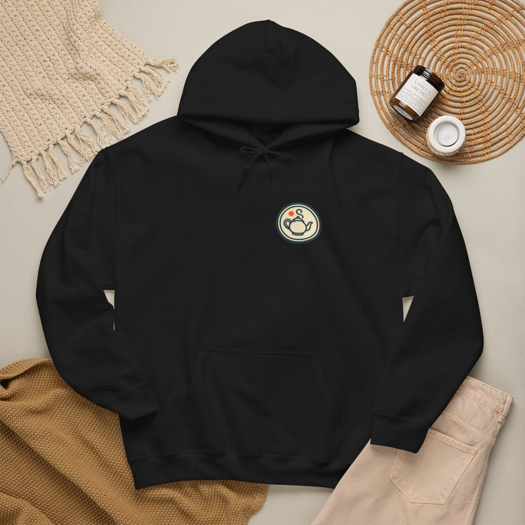 Vintage Teapot Hoodie - Black worn by a model | MR7ART