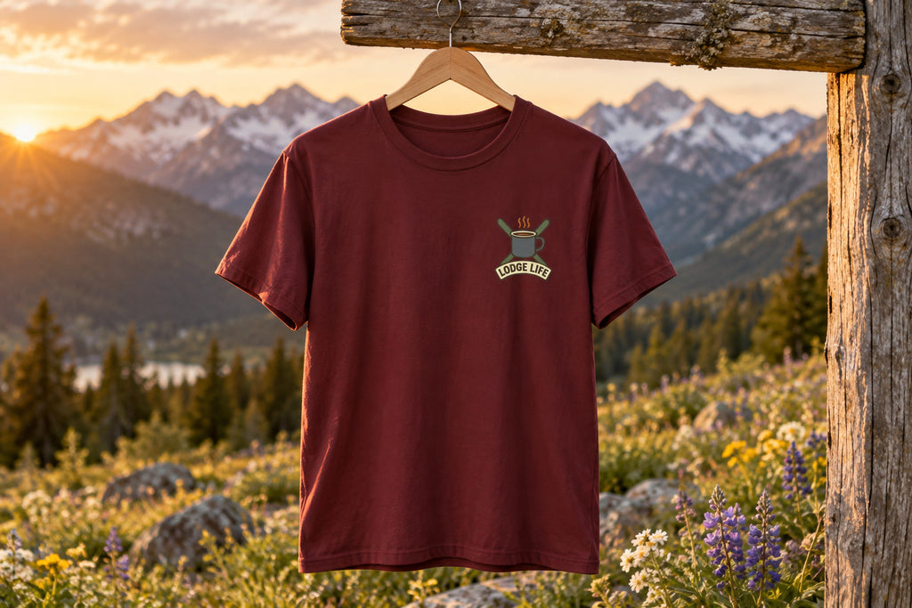 Ski Lodge Tee - Maroon on a wooden hanger outdoors | MR7ART