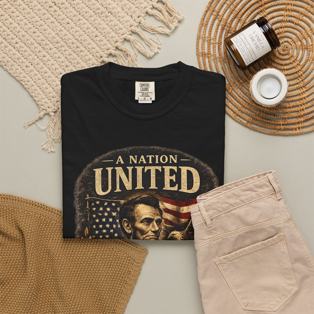 Vintage Lincoln Patriotic Shirt, A Nation United Tee, Abraham Lincoln Graphic T-Shirt, USA Flag Shirt, American History Tee, Civil War Shirt - Black product photo | MR7ART
