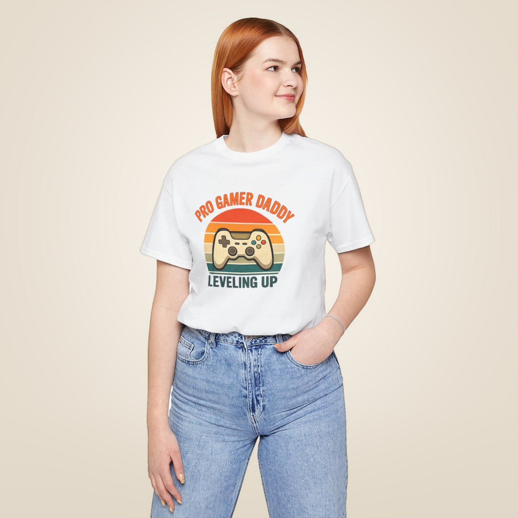 Pro Gamer Daddy Leveling Up T-Shirt - White worn by a model | MR7ART