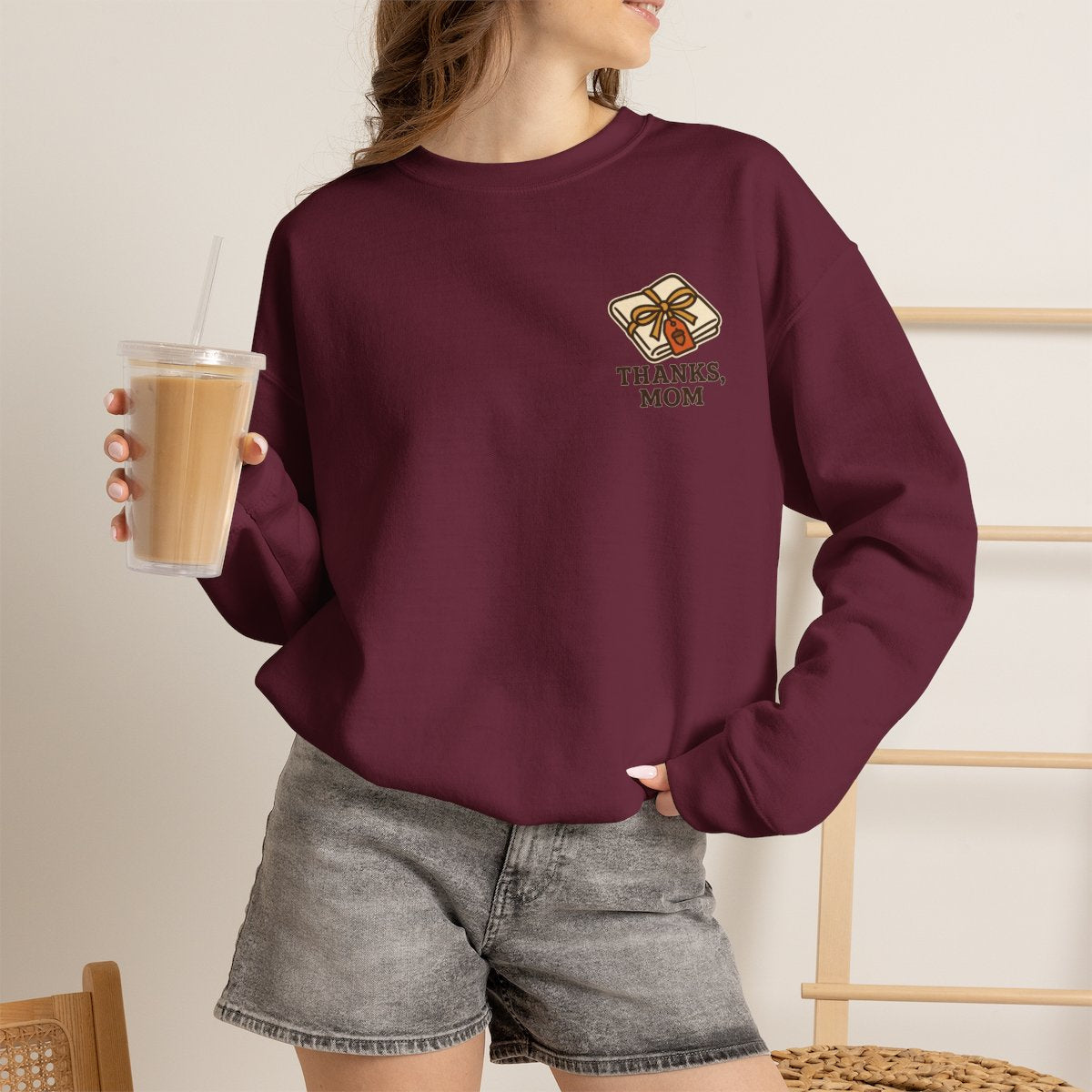 Thanks Mom Thanksgiving Sweatshirt - Maroon worn by a model | MR7ART