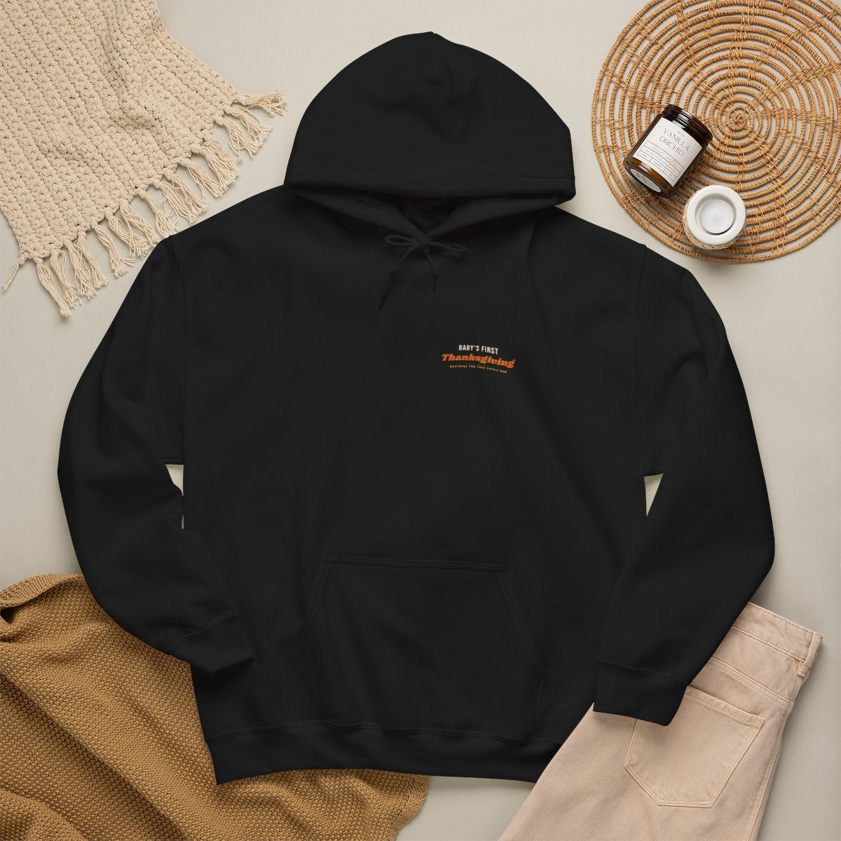 Baby's First Thanksgiving Hoodie - Black worn by a model | MR7ART