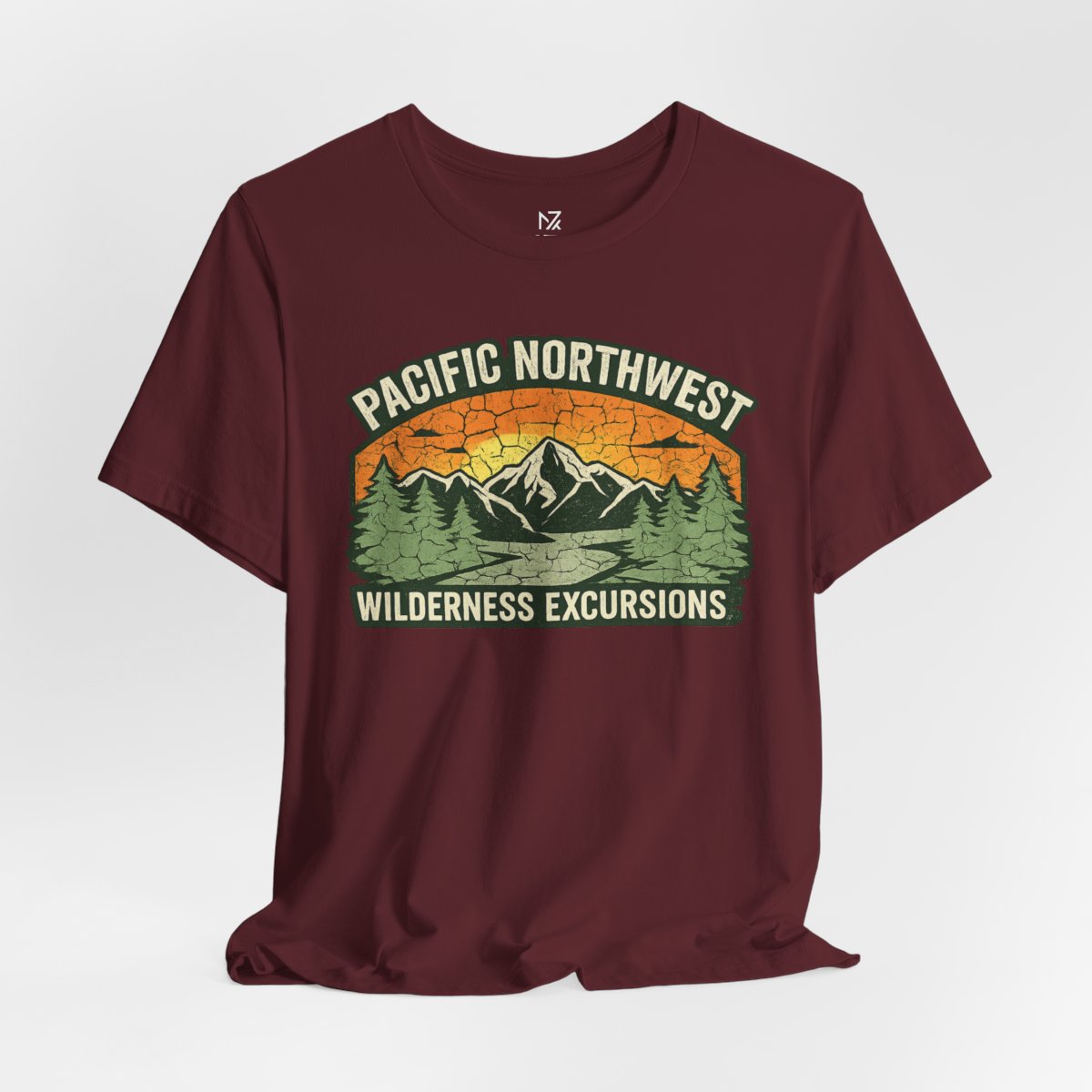 Pacific Northwest Wilderness Excursions T-Shirt - Maroon flat lay | MR7ART