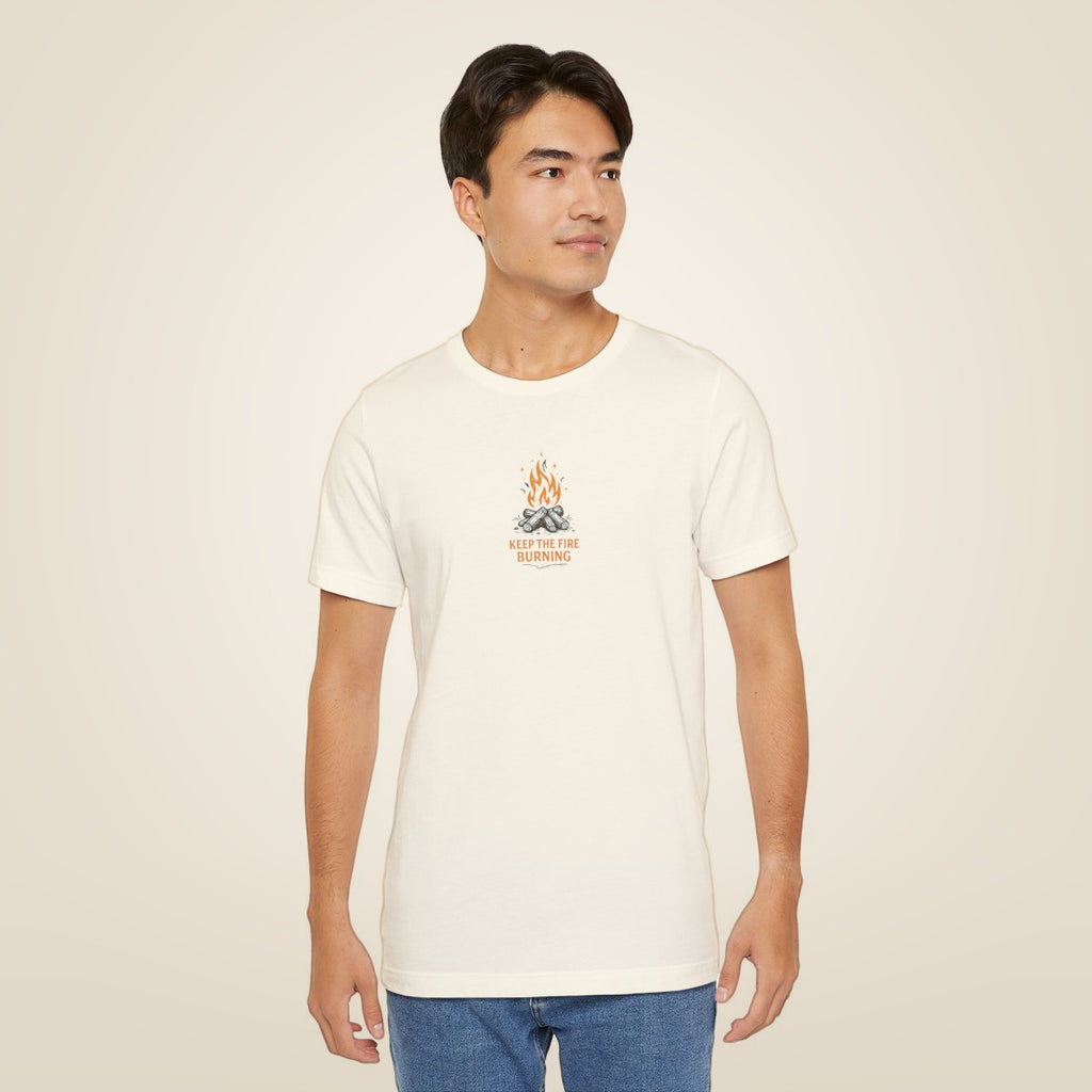 T-Shirt — Keep The Fire Burning Campfire Graphic Tee - Natural worn by a model | MR7ART