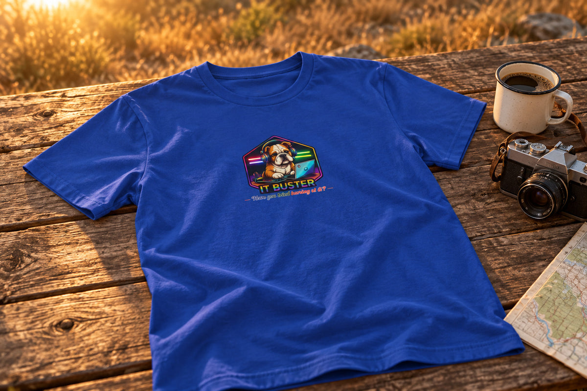 Retro Rainbow Dog Badge T-Shirt - True Royal on a rustic wooden table | MR7ART