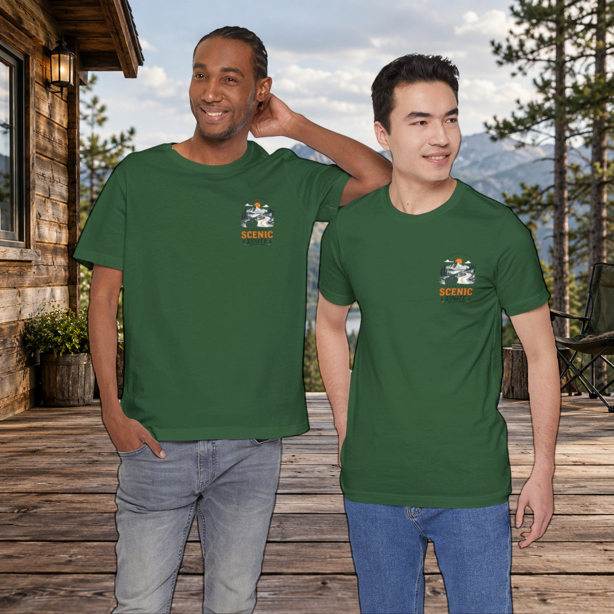Scenic Route Graphic Tee — Vintage Road Trip Pocket Design - Evergreen worn by a model | MR7ART