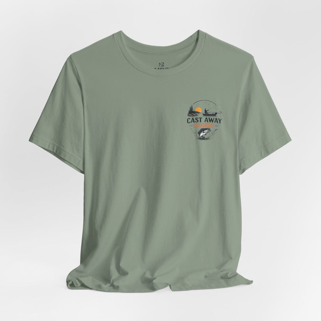 Fishing T-Shirt - "Cast Away" Graphic Tee with Sunset & Bass - Sage flat lay | MR7ART
