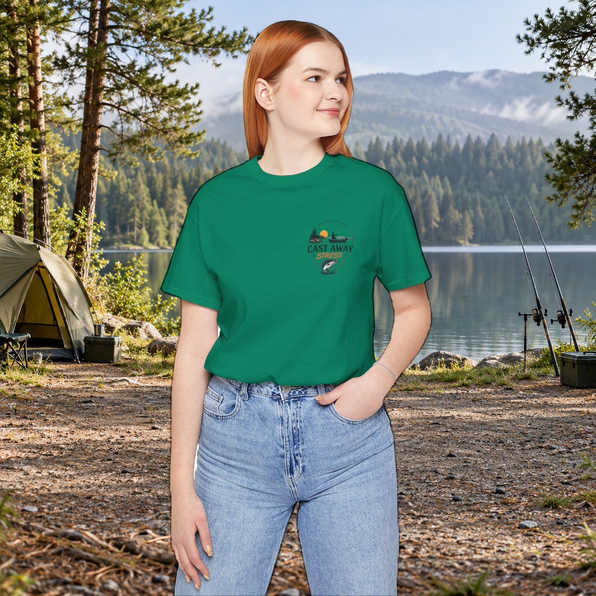 Fishing T-Shirt - "Cast Away" Graphic Tee with Sunset & Bass - Kelly worn by a model | MR7ART