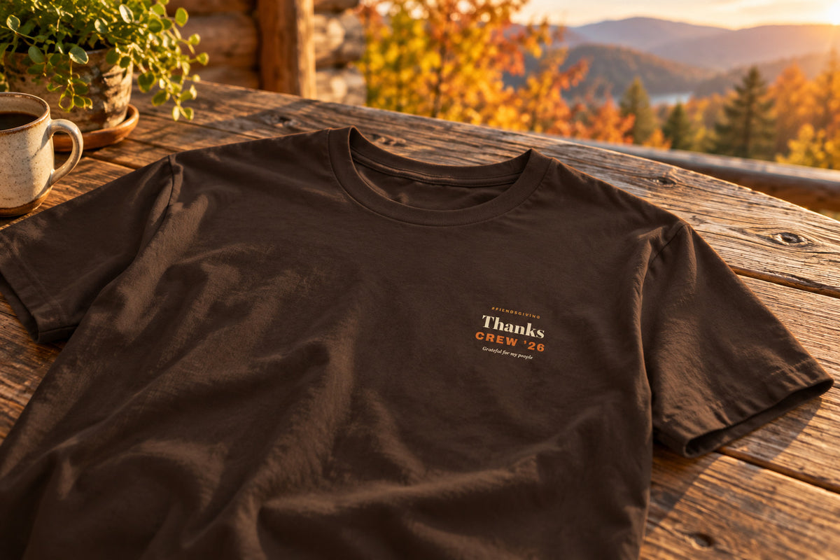 Friendsgiving Tee - Brown on a rustic wooden table | MR7ART