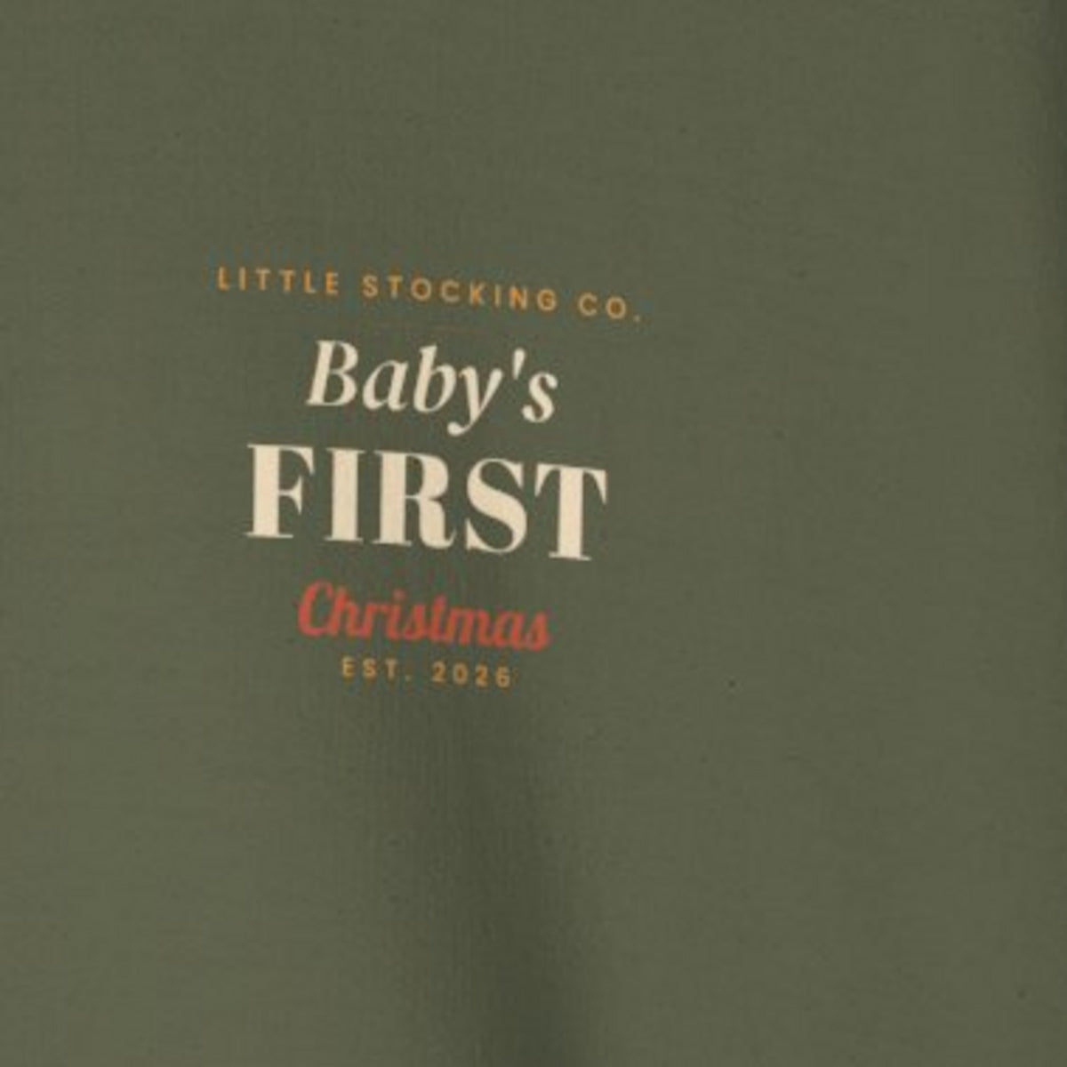 Baby's First Christmas Sweatshirt - Military Green worn by a model | MR7ART