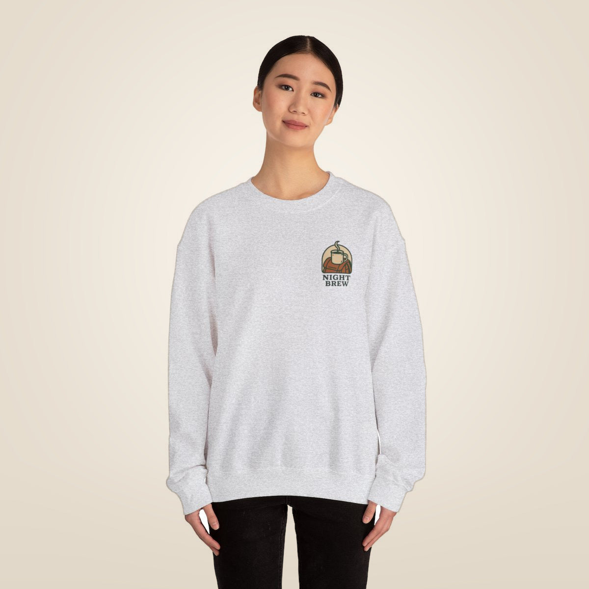 Camping Coffee Sweatshirt - Ash worn by a model | MR7ART