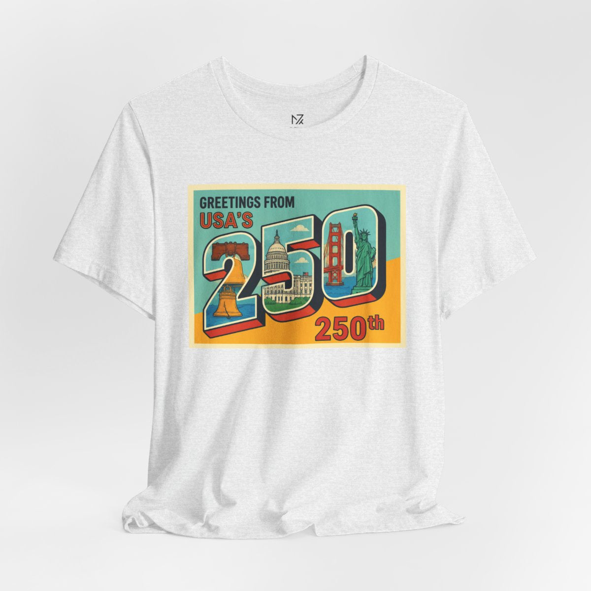 Greetings From USA 250th Vintage Postcard T-Shirt - Ash flat lay | MR7ART