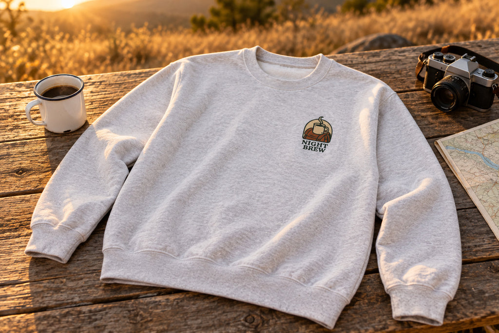 Camping Coffee Sweatshirt - Ash on a rustic wooden table | MR7ART