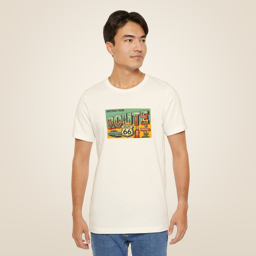 Route 66 Postcard design T-Shirt - Natural worn by a model | MR7ART