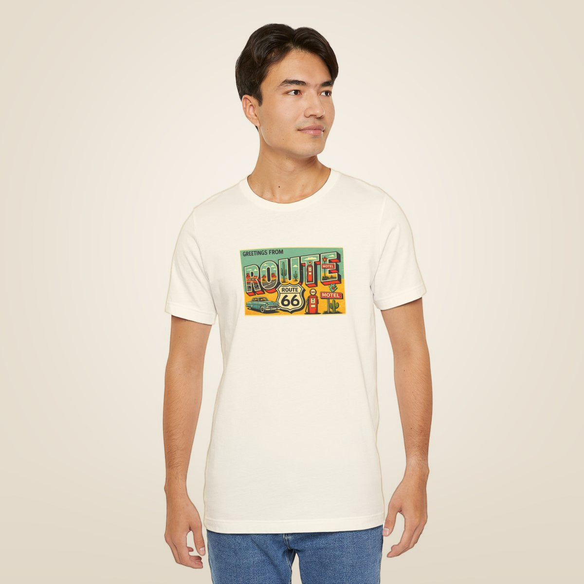 Route 66 Postcard design T-Shirt - Natural worn by a model | MR7ART