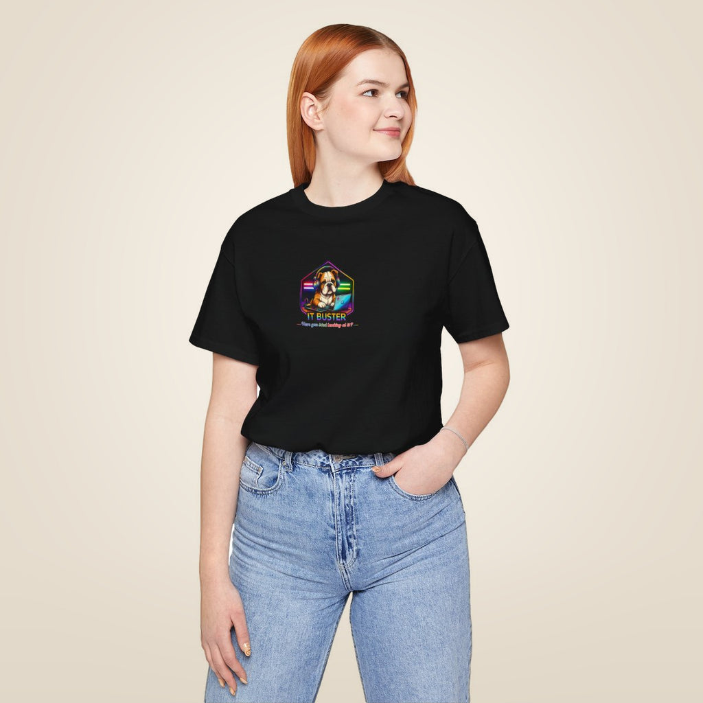 Retro Rainbow Dog Badge T-Shirt - Black worn by a model | MR7ART
