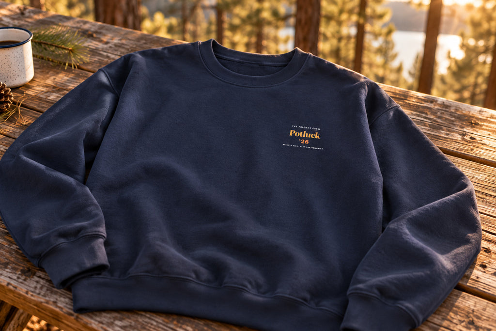 Thanksgiving Potluck Sweatshirt - Navy on a rustic wooden table | MR7ART
