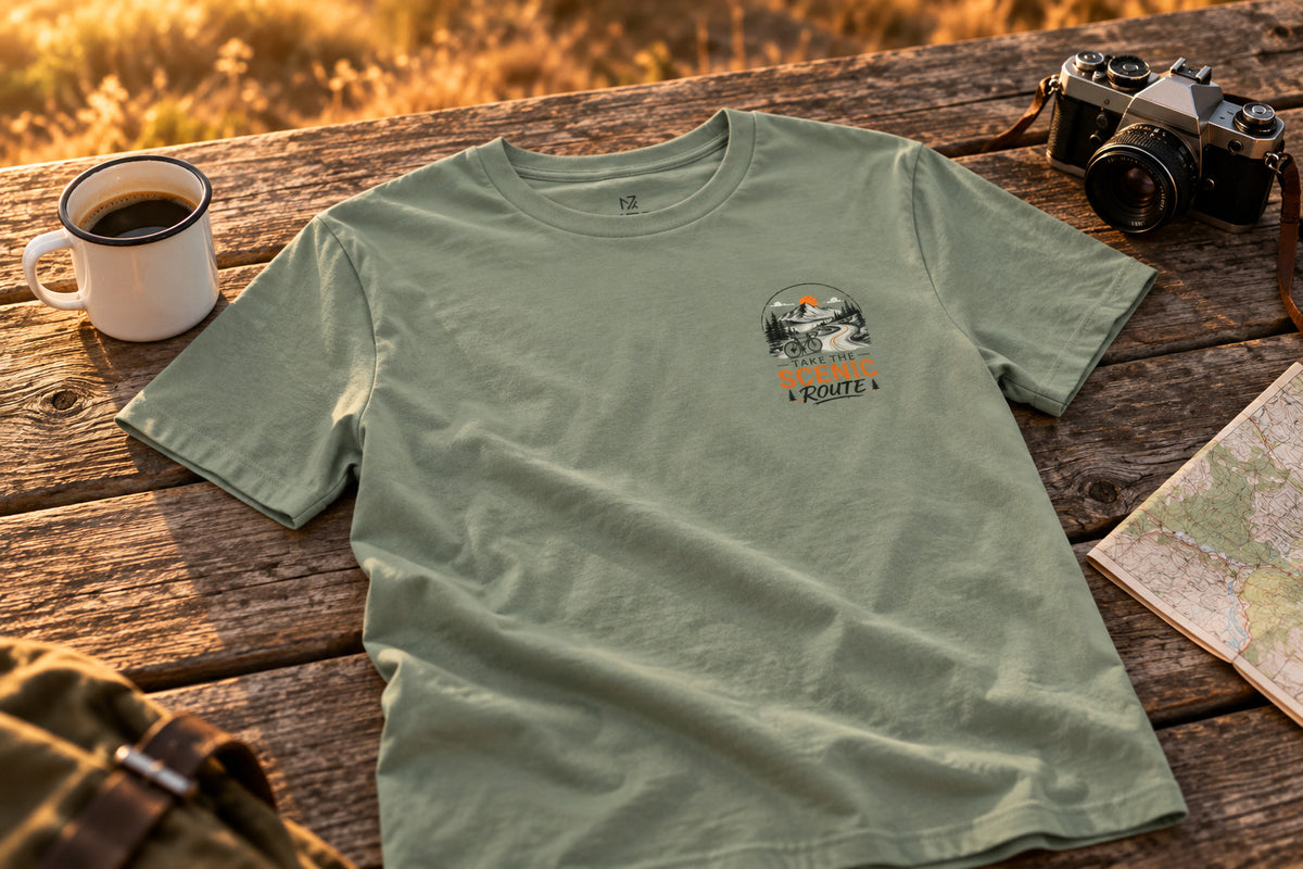 Scenic Route Graphic Tee — Vintage Road Trip Pocket Design - Sage on a rustic wooden table | MR7ART