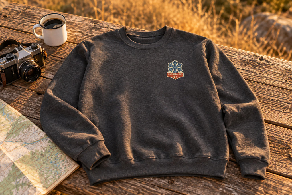 Matching Ski Trip Sweatshirt - Dark Heather on a rustic wooden table | MR7ART