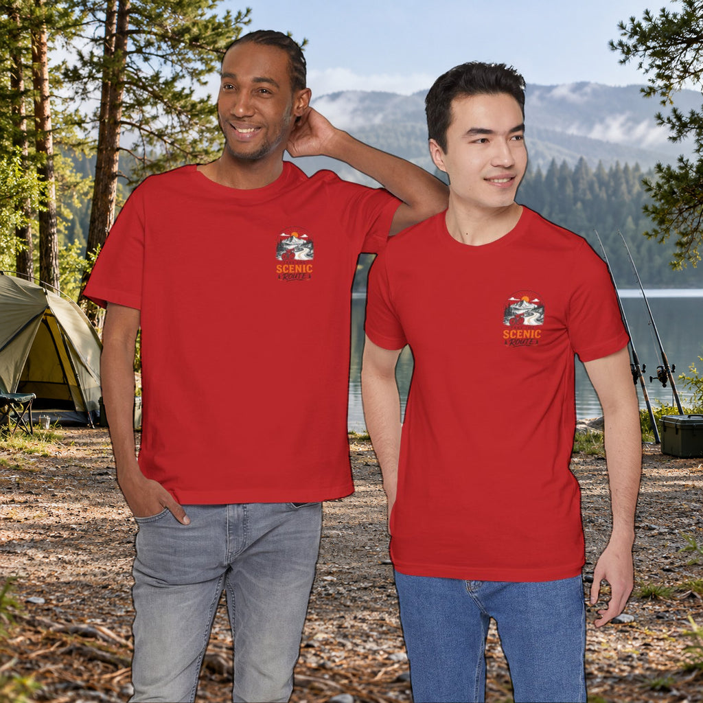 Scenic Route Graphic Tee — Vintage Road Trip Pocket Design - Red worn by a model | MR7ART