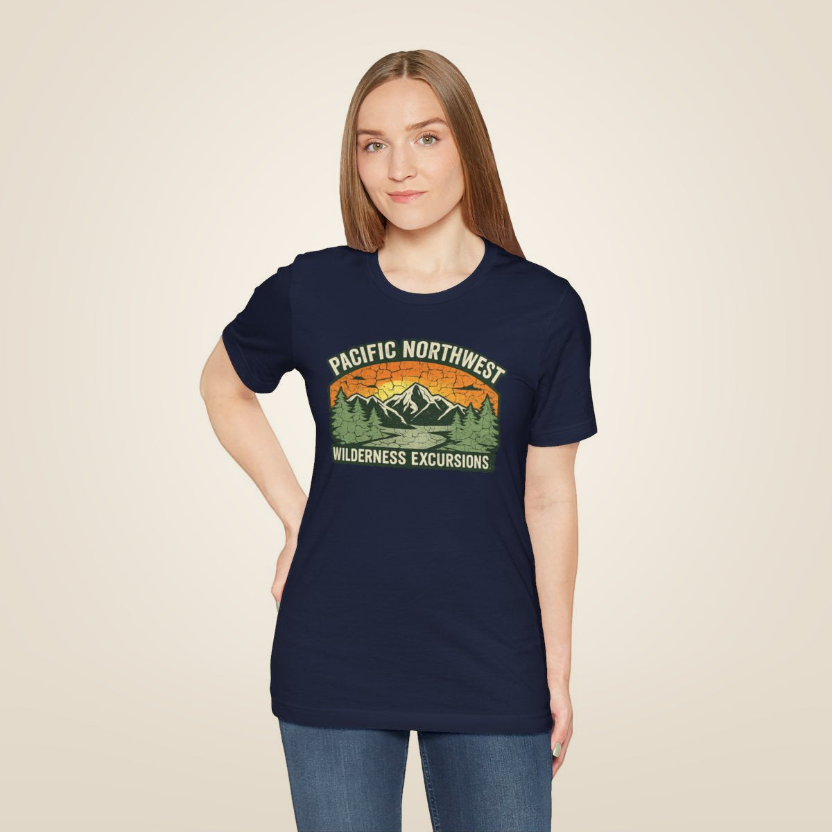 Pacific Northwest Wilderness Excursions T-Shirt - Navy worn by a model | MR7ART