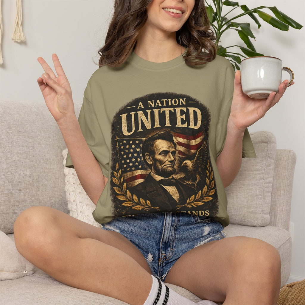 Vintage Lincoln Patriotic Shirt, A Nation United Tee, Abraham Lincoln Graphic T-Shirt, USA Flag Shirt, American History Tee, Civil War Shirt - Khaki product photo | MR7ART