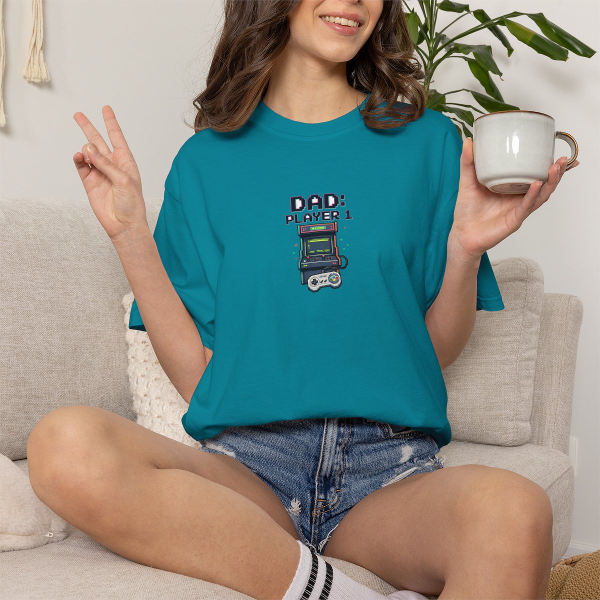 Dad Player 1 Retro Handheld Game T-shirt - Topaz Blue product photo | MR7ART