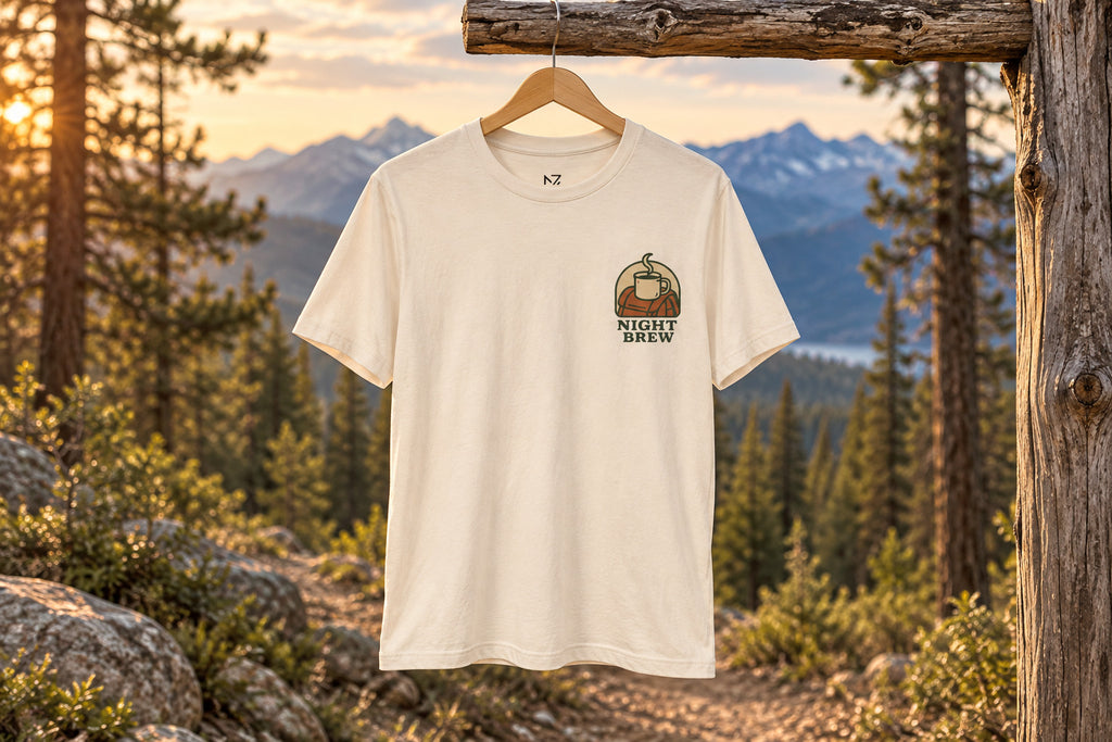 Camping Coffee Tee - Natural on a wooden hanger outdoors | MR7ART