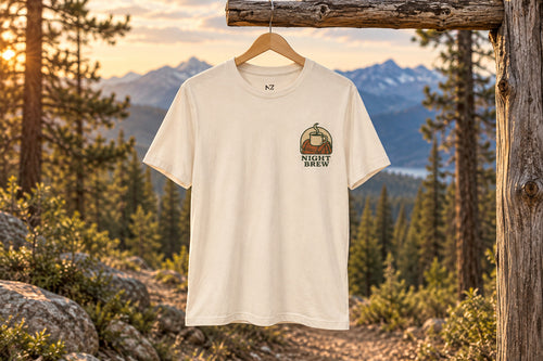 Camping Coffee Tee - Natural on a wooden hanger outdoors | MR7ART