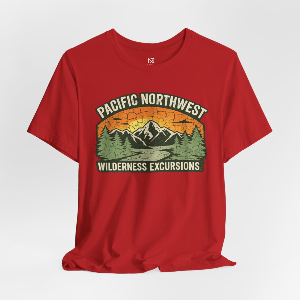 Pacific Northwest Wilderness Excursions T-Shirt - Red flat lay | MR7ART