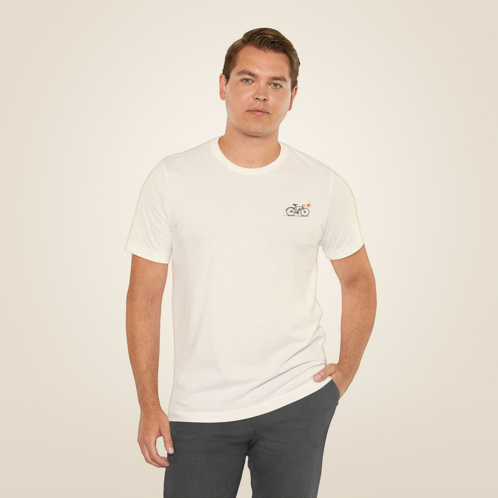 Minimal Bicycle Illustration Tee - Natural worn by a model | MR7ART