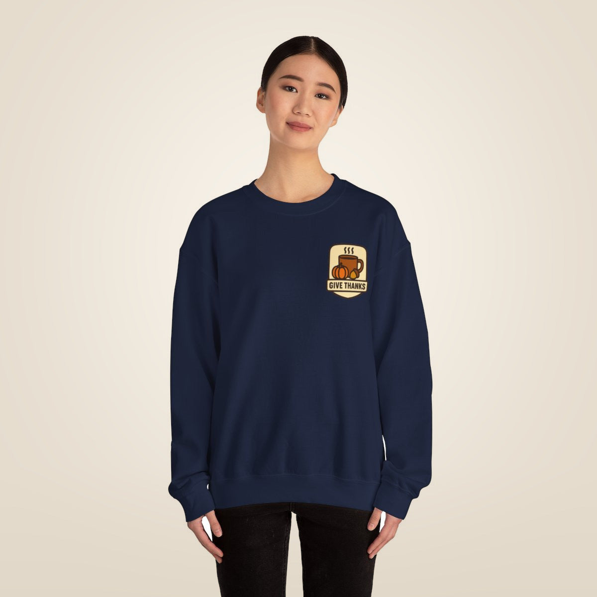Thanksgiving Sweatshirt - Navy worn by a model | MR7ART