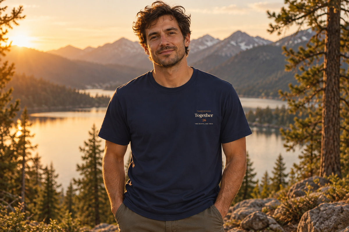 Couples Thanksgiving Tee - Navy worn by a model | MR7ART