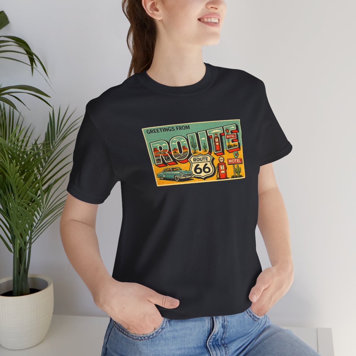 Route 66 Postcard design T-Shirt - Vintage Black worn by a model | MR7ART